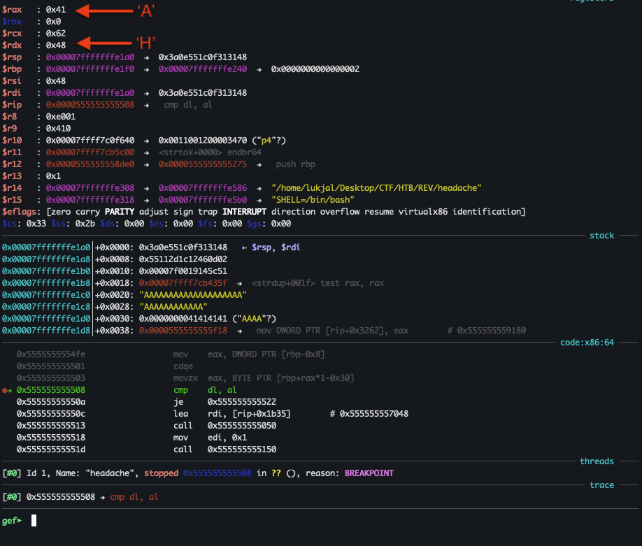 GEF stops at comparison at 0x555555555508