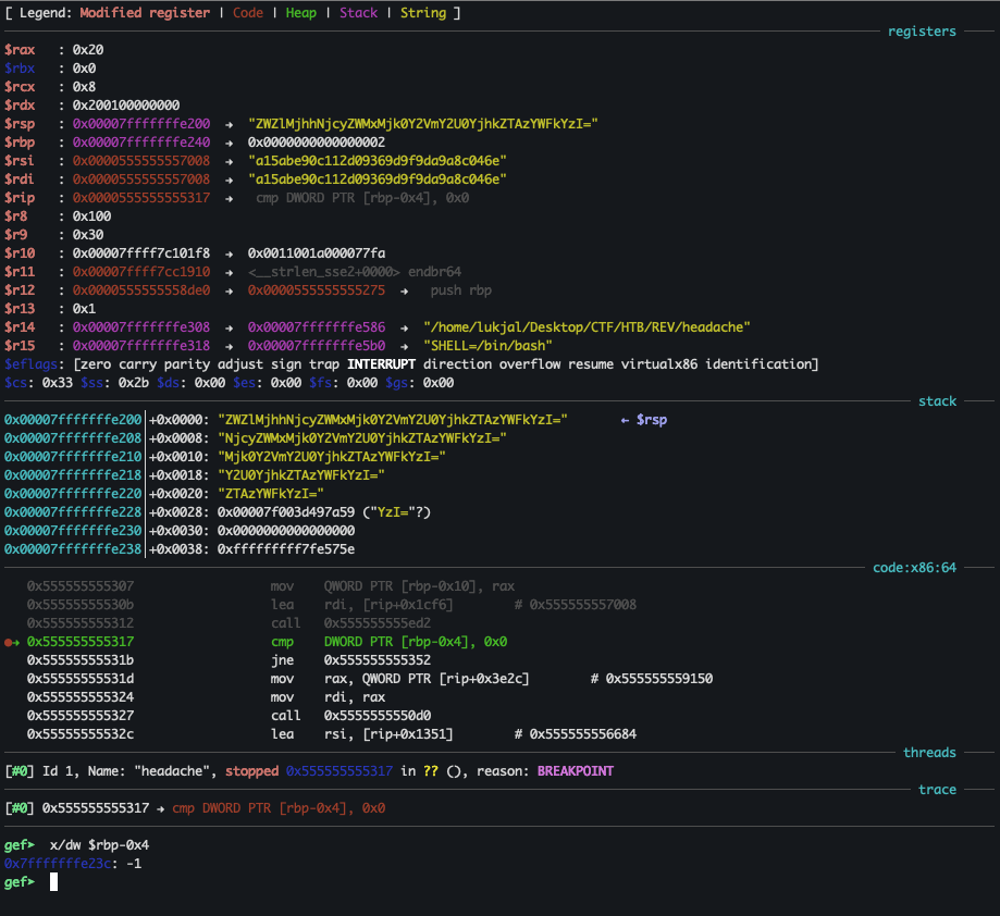 GDB breaks at comparison