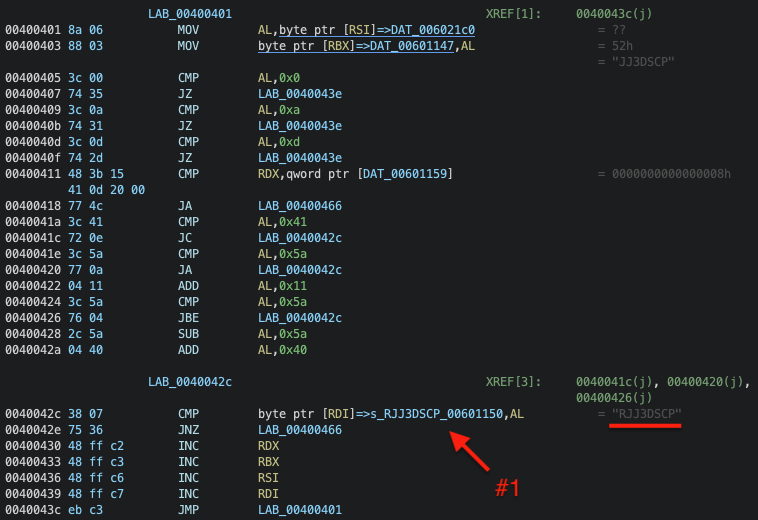 Screenshot of main_logic password checking logic decompilation in Ghidra