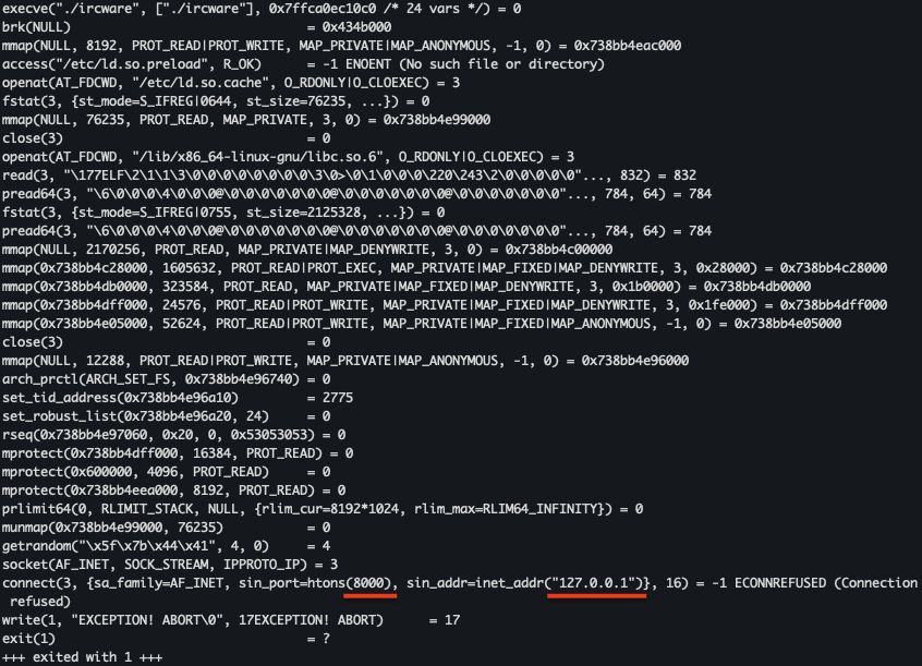 Output of terminal strace ircware command